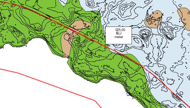 Figur 51. LIS-området Sjöaltesjön inzoomat i västra delen med 1 meters höjdkurvor enligt den nationella höjddatabasen och jordartskartan enligt SGU.