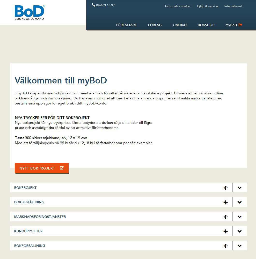 mybod-startsida: din projektcentral Varje gång du loggar in i mybod landar du först på startsidan, som fungerar som en central översikt, där du kan se alla dina projekt och kunduppgifter.