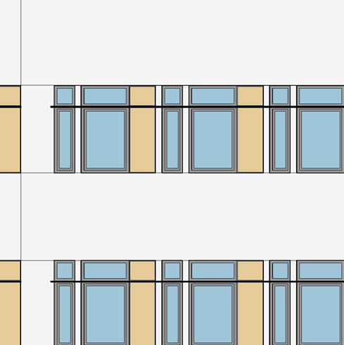 2 YTTRE GESTALTNING VOLYMSPEL Fasadens volymspel framhävs genom kulörsättning och materialval. Det varma inre letar sig ut och bryts mot en distinkt sockel.