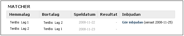 Inbjudan Inbjudan kan endast göras av hemmalaget via seriespelsverktyget, och endast i inloggat läge och för de lag som man är lagledare för.