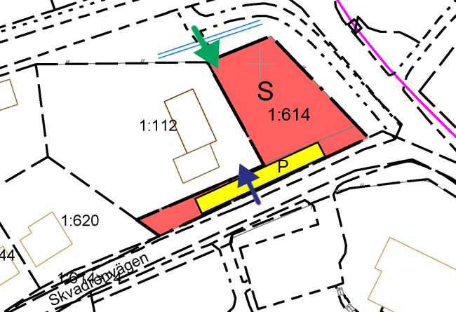 8(12) Gulmarkerad yta visar placering av befintlig parkering vid Skvadronsvägen.