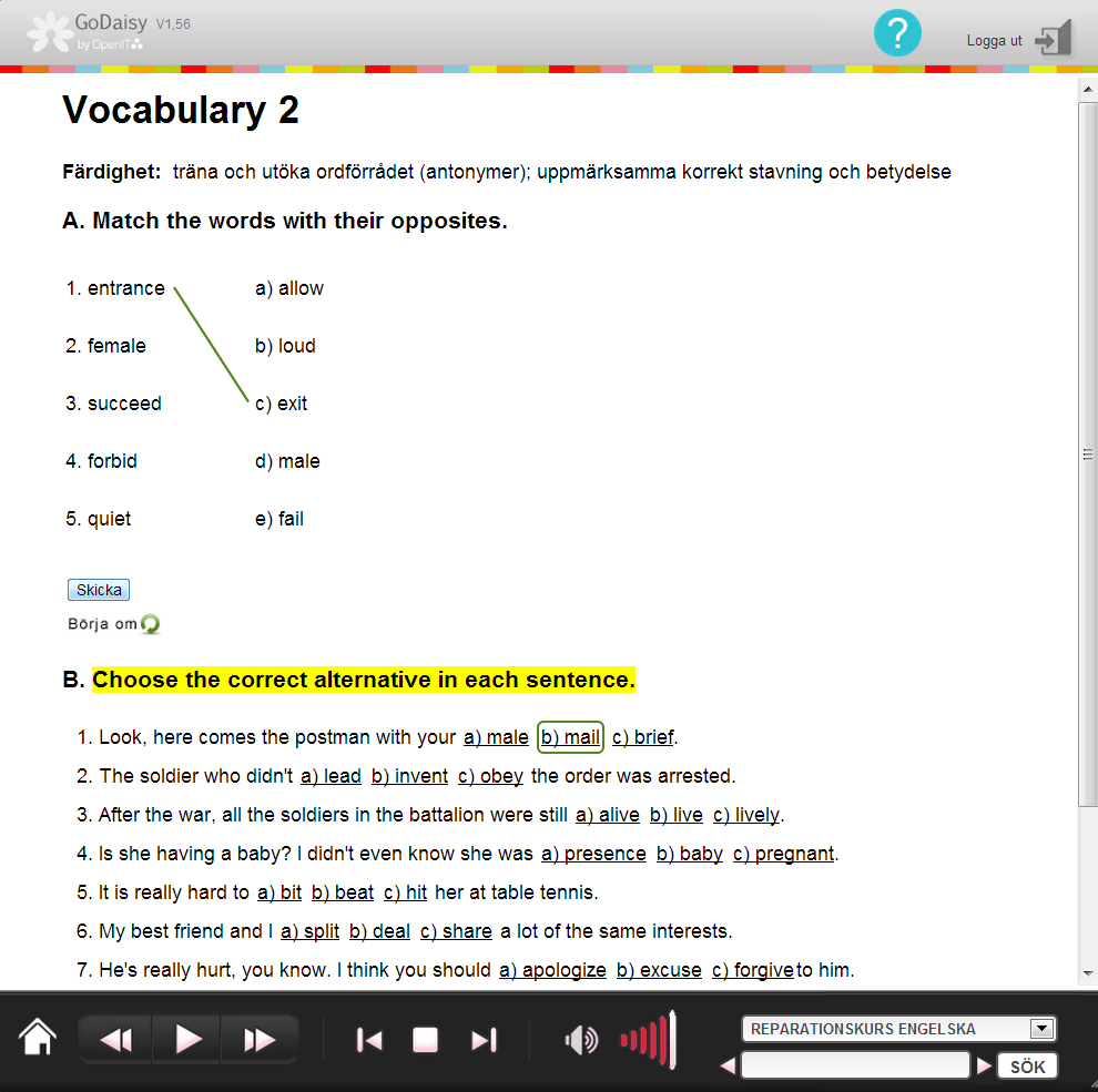 Elevapplikationen Vocabulary Till Vocabulary-övningarna finns varierade övningar för att träna på och utöka ordförrådet.