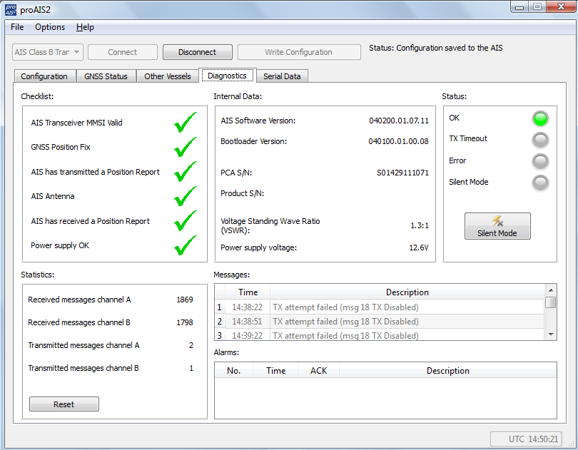 Hur mår din AIS och ditt VHF antennsystem: 1. Klicka på fliken Diagnostics. 2. Här kan du nu se hur din AIS mår. D.v.s. om den sänder som den skall och om den inte sänder så kan du få ett hum om varför den inte sänder (VHF antenn problem?