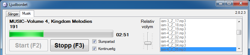 Musikspelare För att spela våra vackra orkesterarrangemang och körsångerna så finns det en musikspelare, markera musikfilen du vill lyssna på och tryck Start (eller dubbelklicka).