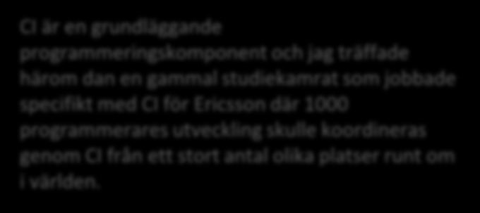 Continuous Integration CI inbär att kod hela tiden och automatiskt validers och uppdateras Läs mer om detta t.ex. här för android http://blackriver.