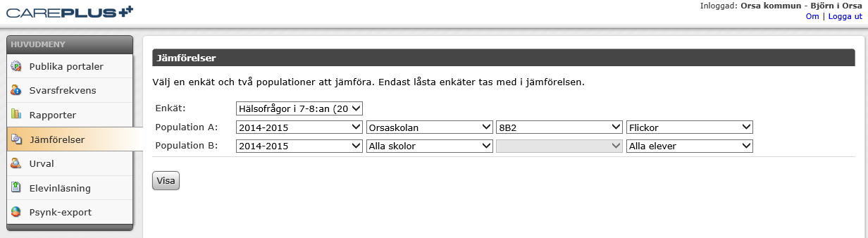 SKAPA JÄMFÖRELSE I jämförelser kan populationer av elever jämföras med varandra och över tid. En skapad jämförelse kan sparas som pdf och presenteras via text-, stapel- eller cirkeldiagram.