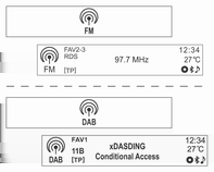 112 Infotainmentsystem Radio AM-FM-radio Innan du använder AM-, FM eller DAB-radion (endast för typ 1/2-A) Huvudknappar/kontrollratt (10) Knappen RADIO BAND Tryck på denna knapp för att välja