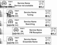 114 Infotainmentsystem Söker efter en DAB-ensemble (endast för typ 1/2-A) Länka DAB-tjänsten (endast för typ 1/2-A) [DAB-DAB på/dab-fm av] DAB-DAB på/dab-fm på Tryck och håll in fseeke-knapparna för