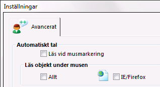 4. Läsa på Internet Inställningar för att läsa vid markering 1. Välj Inställningar på verktygsrad. och Avancerat under fliken Tal. 2. Ta bort bocken för Läs vid musmarkering. 3.