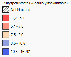 Nettotillväxt (% av företagsbeståndet) Helsingforsregionen i den bästa femtedelen: