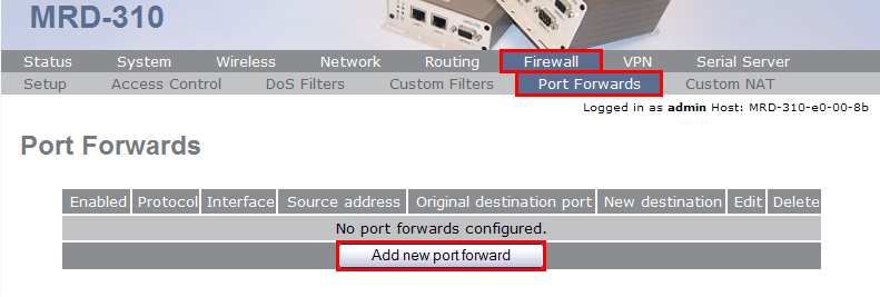 Klicka dig fram till Port Forwards och klicka på Add new port forward.