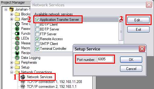 Här visas hur man ändrar portarna, default portnummer för att överföra projekt är 6000. Dubbelklicka på Network Services under Network Connections i Project Manager (1).