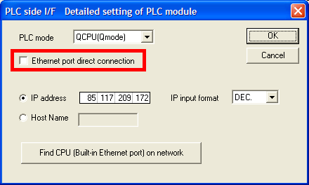 Vid överföring välj TCP i PC side I/F Ethernet board, samt skriv in IP adressen för MRD-310 måste man gå in i PLC side I/F PLC module.