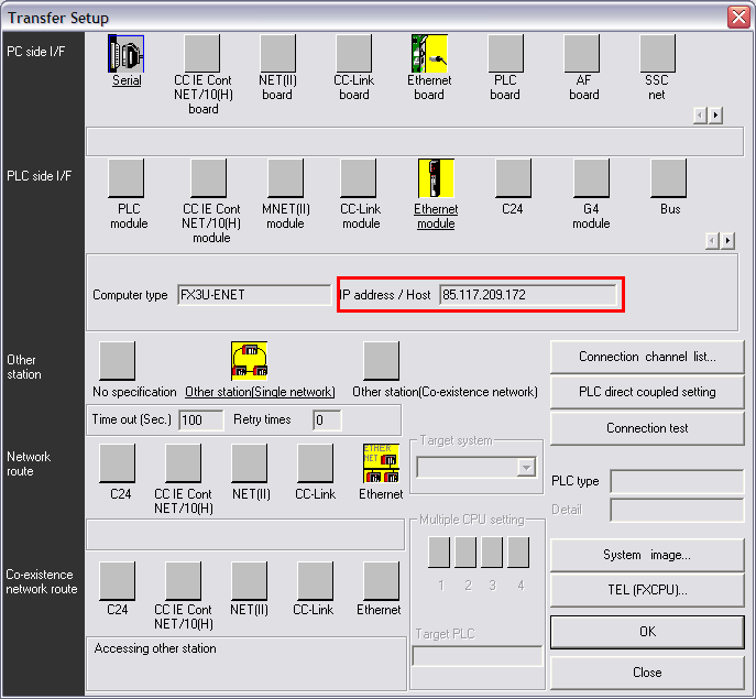 7.7 Kommunikation med FX3U-ENET Klicka på Ethernet board och Ethernet module och skriv in den publika IP-adressen för MRD-310.