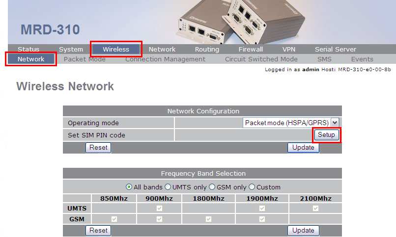 5.2 Ange PIN-kod till SIM-kort Klicka på Wireless, Network och Setup för att ange