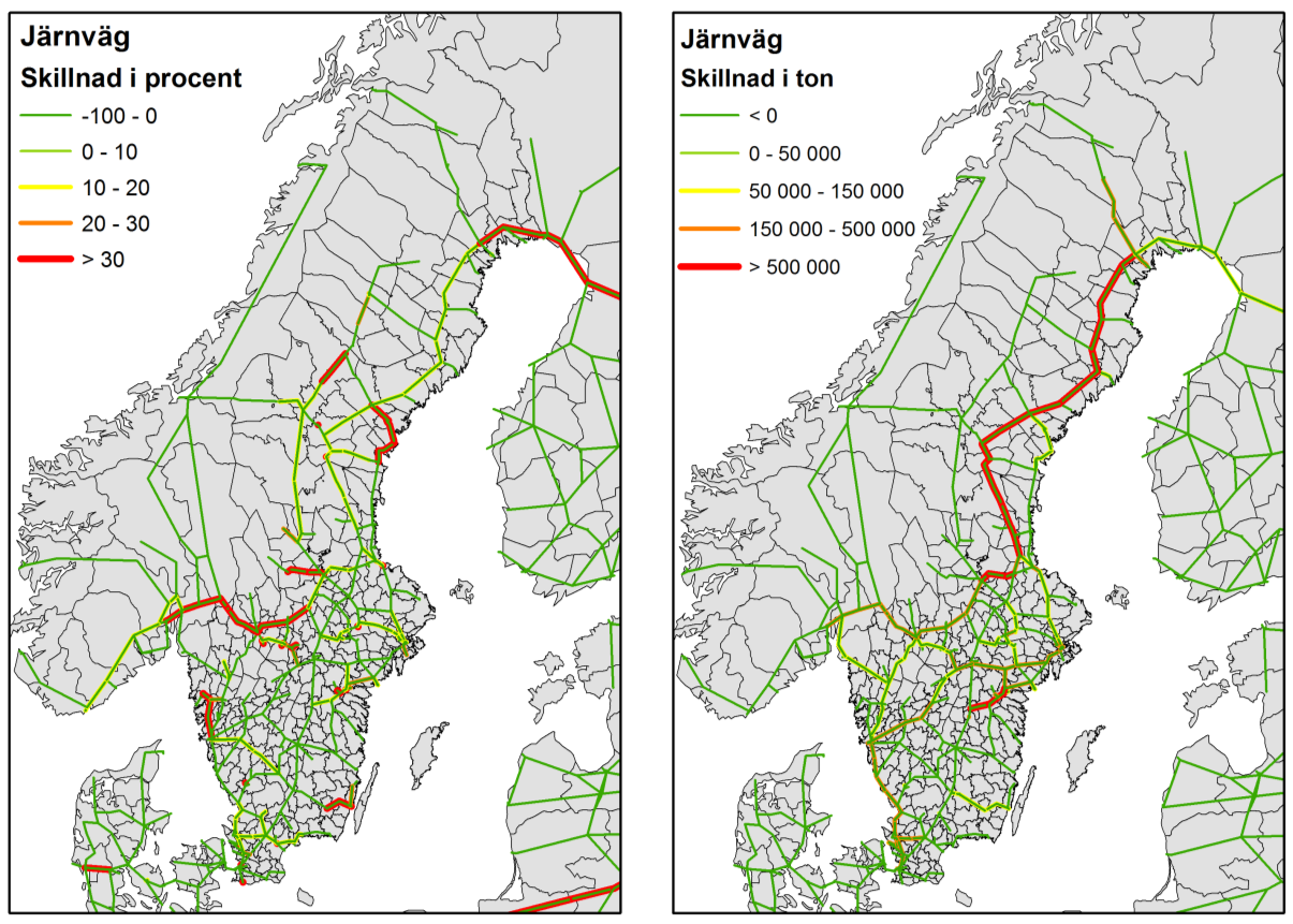 Hur påverkar en överflyttning från vägtrafik till andra trafikslag efterfrågan på järnvägstransporter och sjöfart på olika länkar?