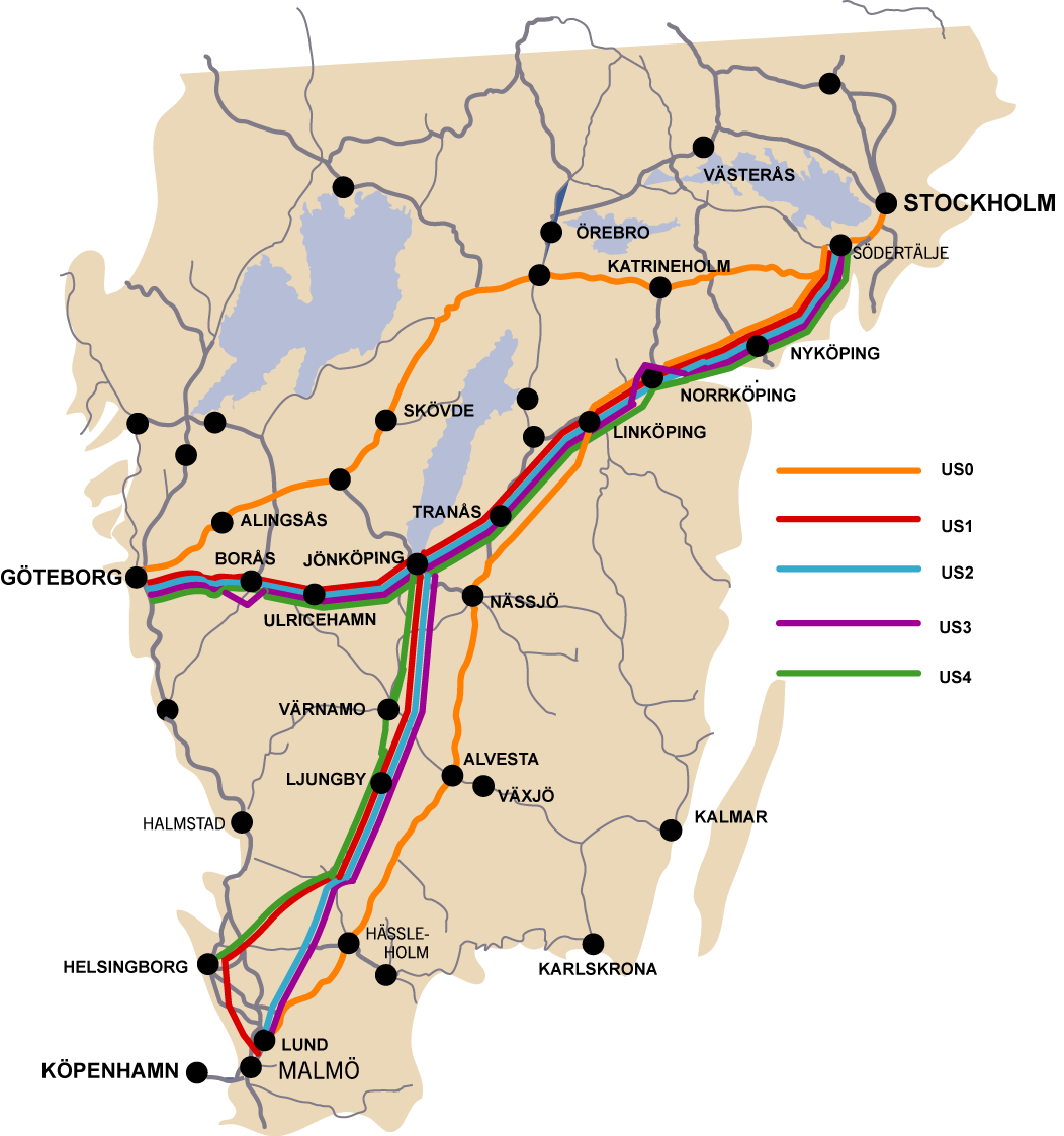 Studerade alternativ i Kapacitetsutredningen US0 stor del befintliga stambanor för 250 km/h. US1 utgår från SOU 2009:74.