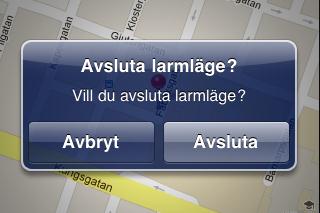 Som grundinställning är det kartan som visas. OBS! Om du inte kan ansluta mot servern eller om du tappar anslutningen, kan du inte skicka larm.