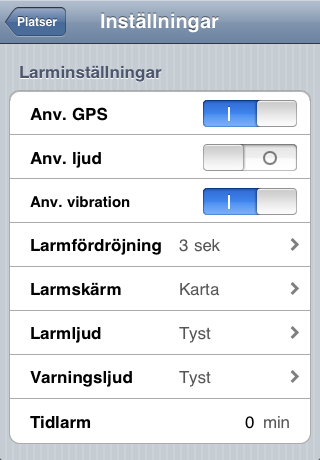Larminställningar Inställningarna når du genom att trycka på info-knappen sist i platslistan. Anv. GPS Anger om GPS positionering ska användas och skickas vid larm. Anv. ljud Anger om ljud ska vara aktiverat.