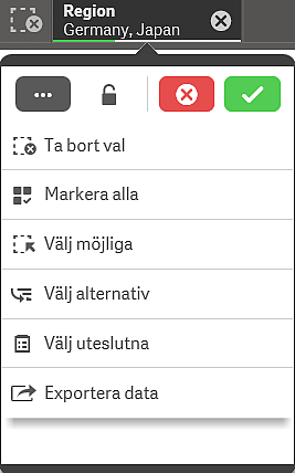 4 Arbeta med urval 4 Arbeta med urval Under analys visas urvalen ovanför arket. Varje urvalselement har en liten stapel undertill som reflekterar urvalstillstånden för dimensionen i fråga.