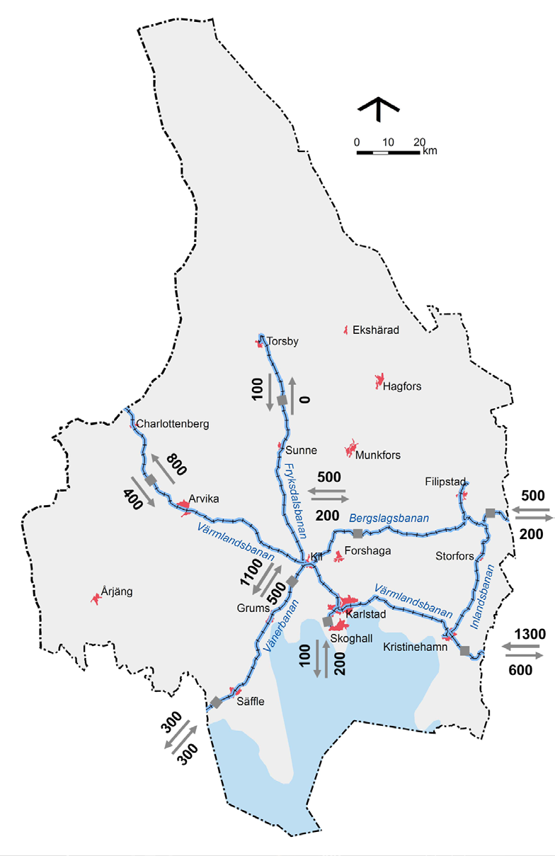 De interna godsflödena inom Värmland dominerar följt av flödena till och från Västra Götaland. Även en stor del av flödena till och från utlandet går via Västra Götaland (Göteborg).