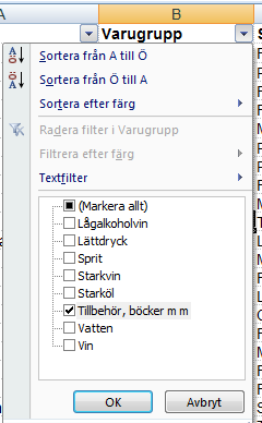 Filter Delsumma,, filter, pivottabell och exportera Microsoft Office Excel 2007 1. Öppna en korrekt utformad databas 2. Välj Sortera och filtrera Filter 3.