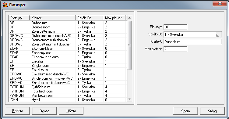 Grunduppgifter / Platstyper För att kunna koppla resenärer mot rumstyper, d.v.s. i vilken typ av rum de ska bo, måste ett antal platstyper läggas upp som kan användas i Rebus. Normala typer är t.ex.