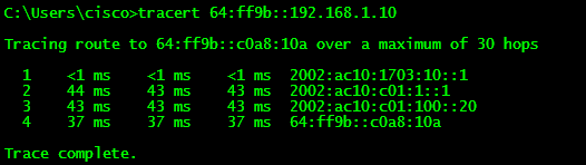 9.1.5. NAT64, Ecdysis NAT64 noden översätter trafik med destinationen 64:ff9b::192.168.1.10 till 192.168.10 och skickar ut det på IPv4 interfacet.