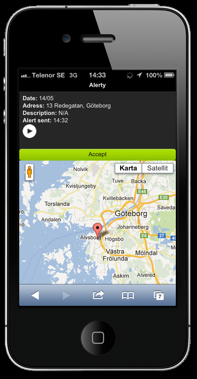 Larmdistribution Larmmottagaren får ett SMS med en länk till en karta som uppdateras i realtid, information om platsen och vem som accepterat larmet.