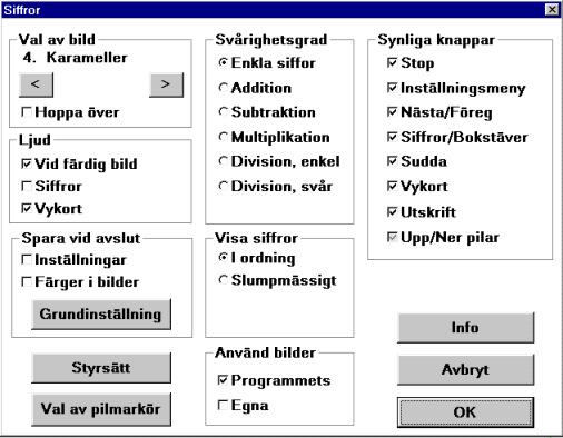 Inställningsmenyn - Siffror Ljud: Vid färdig bild: Här väljer du om du vill ha ett belöningsljud då bilden är färdig. Siffror: Här väljer du om du vill få siffrorna upplästa då du pekar på dem.