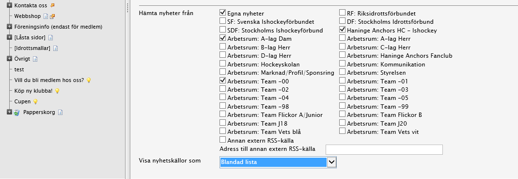 Dela nyhetslistor med andra organisationer eller arbetsrum Markera EGNA NYHETER i strukturen. Klicka på REDIGERA.