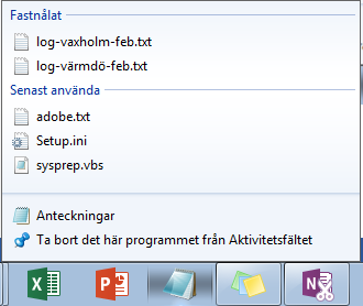 Kurs i Windows 7 Sida 3 av 7 Aktivitetsfältet och snabbmenyer Till vänster visas aktiva program och program-ikoner som du själv valt genom att högerklicka på ett program i start-menyn och välja Fäst