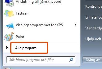 Kurs i Windows 7 Sida 4 av 7 Startmenyn hitta Värmdös program Längst ned välj Alla program och bläddra till Värmdö program Här finns huvudrubrikerna Installera och Mina program.