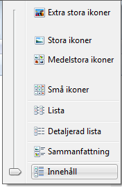 Kurs i Windows 7 Sida 6 av 7 Utforskaren Här kan du också söka och du kan ställa in hur du vill visa innehållet. Ikoner, sammanfattning, innehåll osv.