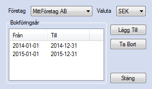 Bokföringsår Eftersom programmet inte används till bokföring utan enbart för att skapa exporterbara verifikationer för andra bokföringsprogram är det inte nödvändigt att lägga till bokföringsår.