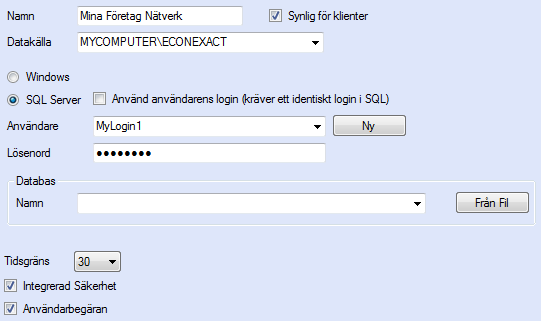 Figur 15. Inställningarna för anslutningen efter att ett nytt SQL login (MyLogin1) skapats för användning över nätverk.