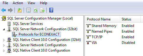 5. Dubbelklicka på Protocols for ECONEXACT i den högra listan och se till att Shared Memory, Named Pipes och TCP/IP har statusen Enabled.