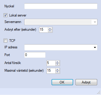 Figur 21. Klientent inställningar för anslutning lokalt till EconExact Server Nyckel är ett valfritt ord med valfria tecken som måste matcha serverns nyckel (se kapitlet Serverinställningar ovan).