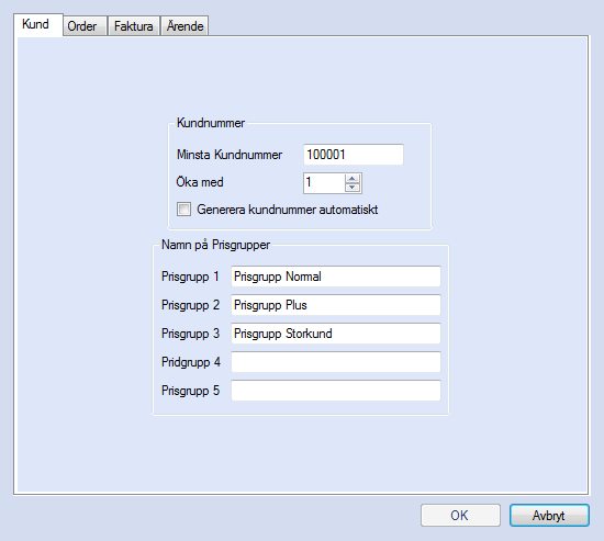 Figur 62. Databasinställningar för kund "Namn på prisgrupper" anger namnen på dom prisgrupper som används. I nuvarande version finns fem olika prisgrupper tillgängliga.
