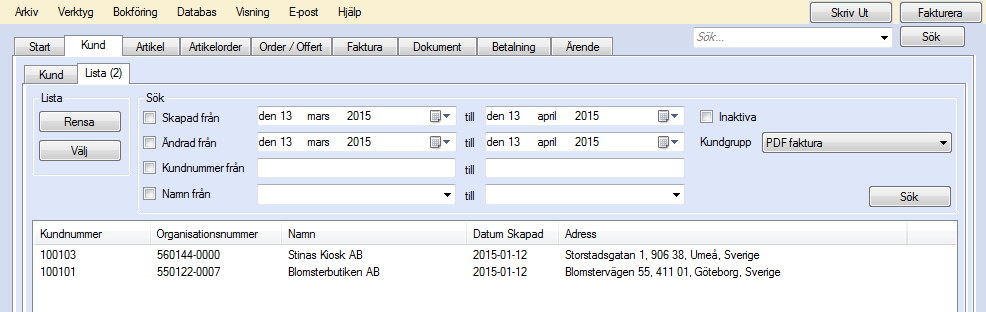 Precis som med övriga liknande sökfunktioner i programmet listas alla kunder om ett sök görs utan att några sökalternativ angetts. Figur 66.