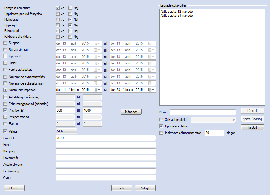 profil laddas kommer datumen att uppdateras så att datumintervallet för "Uppsagd" alltid representerar senaste veckan. Figur 68. För enskilda order finns även en möjlighet att lägga till sökprofiler.