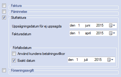 Slutfakturor En slutfaktura är den faktura som skapas sist, d.v.s. den sista faktura som en avtalskund får då samtliga avtal upphört p.g.a. att dessa inte förlängs eller har sagts upp.