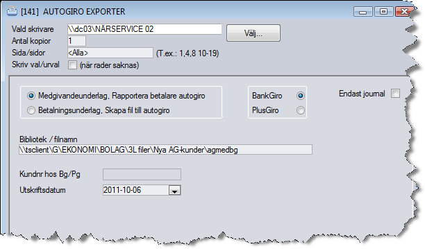 Autogiro exporter innehåller funktioner för att skapa: Medgivandeunderlag (hette tidigare Rapportera Betalare Autogiro) Betalningsunderlag (hette tidigare skapa fil till Autogiro) Autogiro Importer