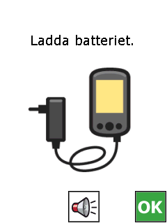 Man ser laddningsstatus på lysdiodindikatorn på Handi: Orange blinkande = laddar Orange fast = fulladdad Man kan även ladda batteriet genom att ansluta laddaren direkt till kontakten på nederkanten