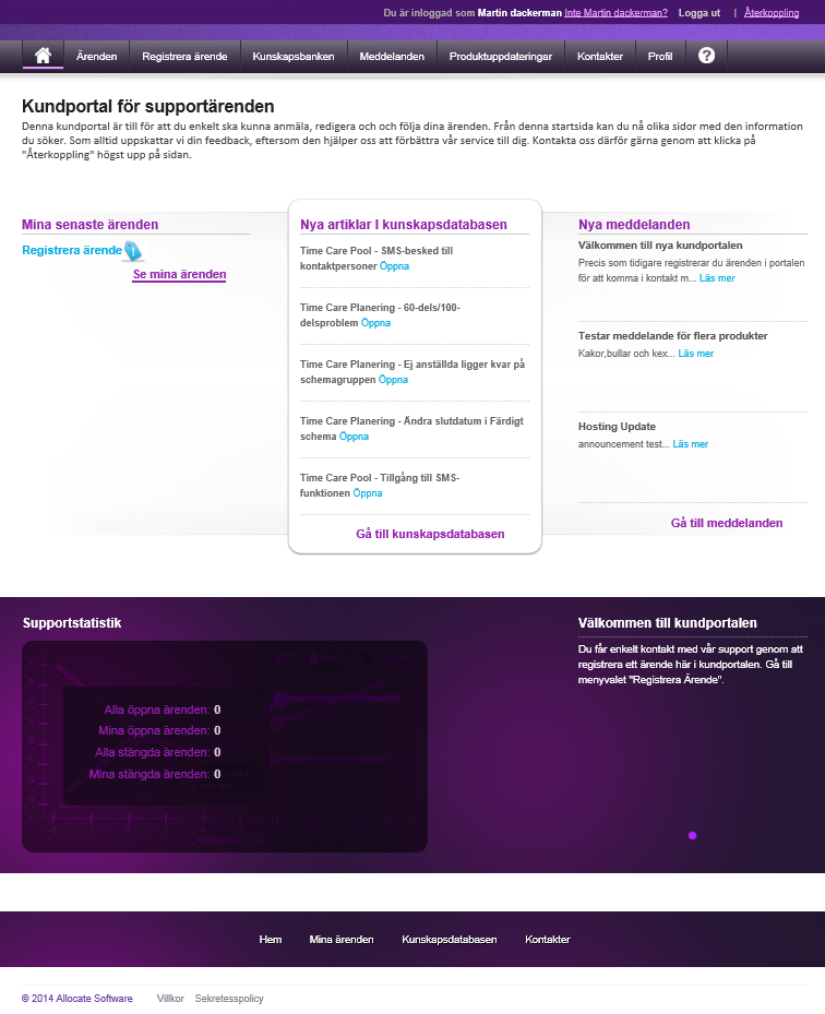 Efter inloggning kommer du till kundportalens huvudsida. Här får du en snabb överblick över dina senaste ärenden, de senaste kunskapsartiklarna, meddelanden och support nyheter.