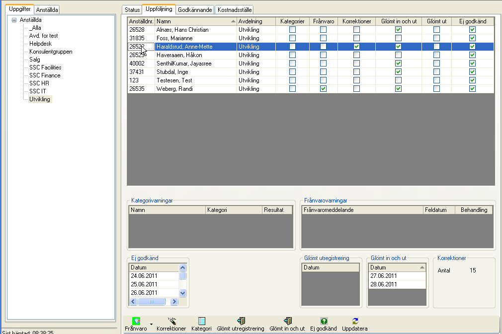 Genom att markera en av de anställda i listan kommer Uppföljningsvarning att visas i respektive varningsruta.
