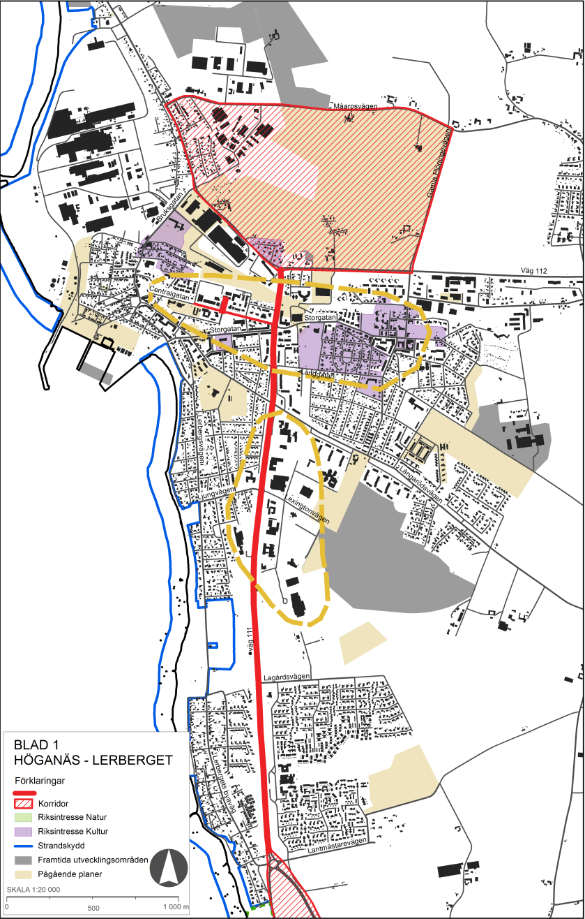 Höganäs - Lerberget 1 Riksintresse Kulturmiljövård Gruvmiljö och brukssamhälle 2 Strandskydd 2 e A B a 1 c d b a b Utvecklingsområde norr om Kullagatan (FÖP 2012) nya stadsdelar Planområde