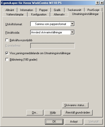 2 Användning i Windows 95/98/Me Funktioner på fliken Utmatningsinställningar I det här avsnittet beskrivs funktionerna på fliken Utmatningsinställningar. Obs!