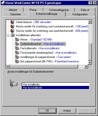 3 Användning i Windows NT 4.0 Funktioner på fliken Enhetsinställningar I det här avsnittet beskrivs Installerbara alternativ på fliken Enhetsinställningar.