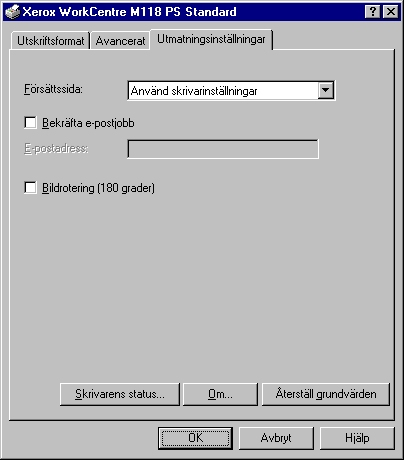 3 Användning i Windows NT 4.0 Funktioner på fliken Utmatningsinställningar I det här avsnittet beskrivs funktionerna på fliken Utmatningsinställningar. Obs!